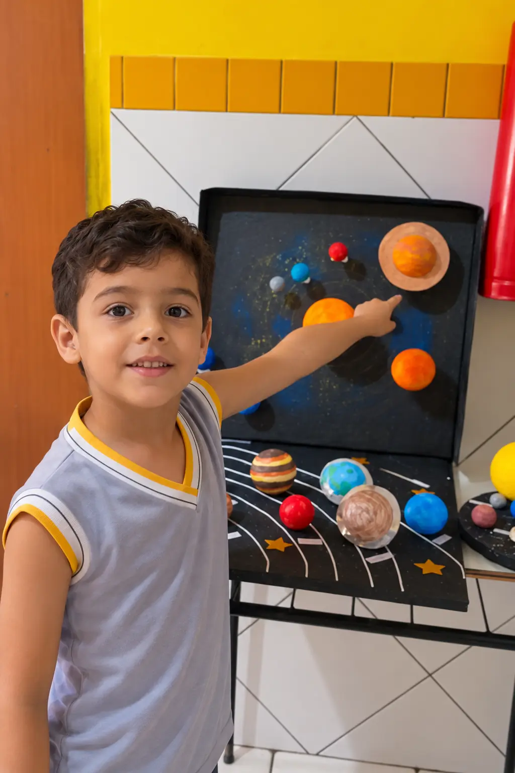 Aluno do Sagres mostrando os planetas da maquete do sistema solar