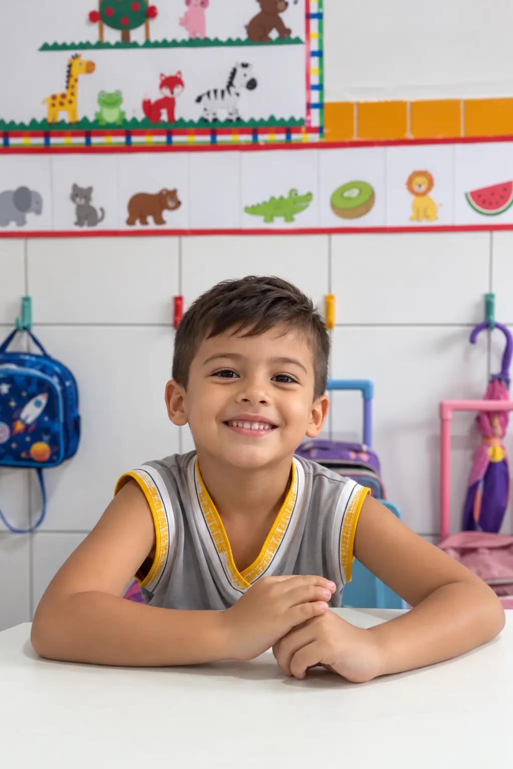 Aluno do Sagres sorrindo na sala de aula, com a farda cinza e amarela